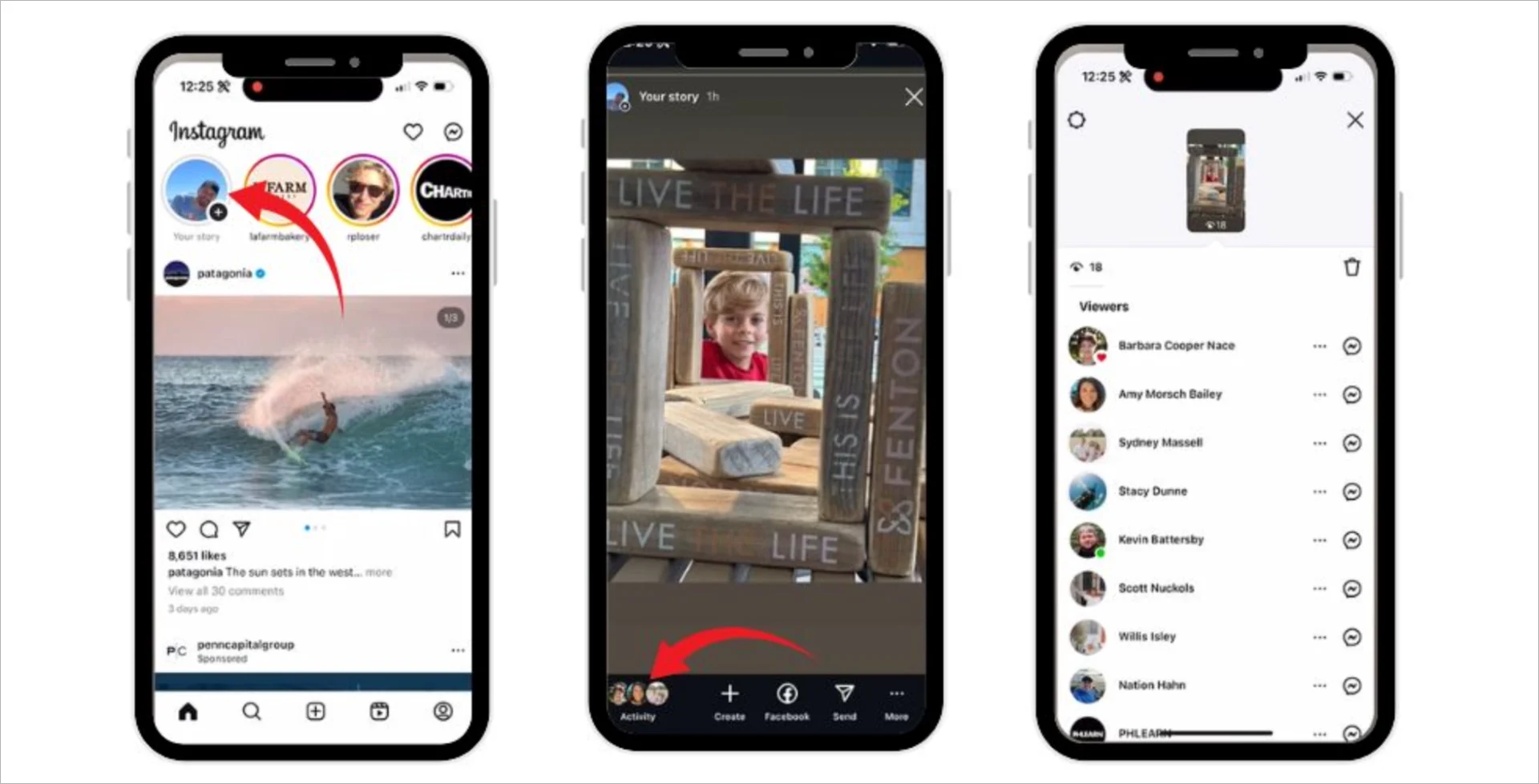 Screenshot sequence showing how Instagram sorts Story viewers, from opening Stories to viewing the ranked list of people who watched a story on a mobile screen.