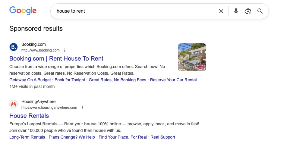 search ad example – wireless house to rent search results