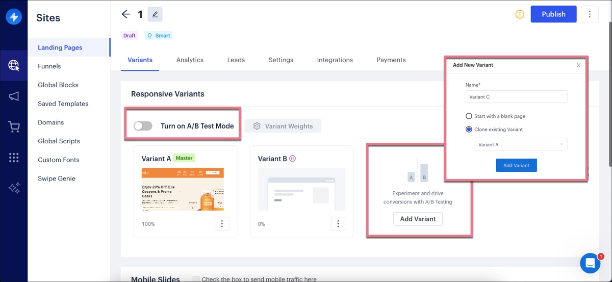 Swipe Pages a/b tests