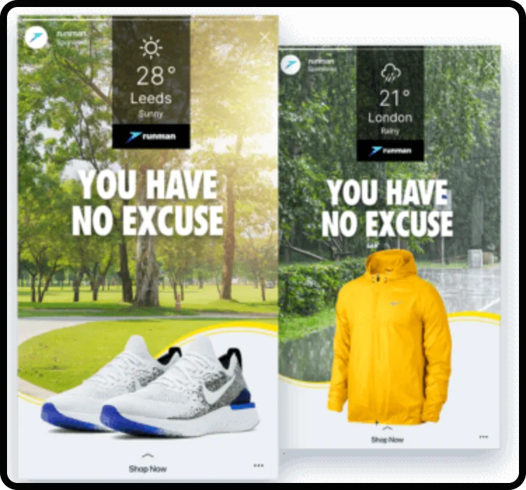 Nike running shoes and jacket shown in dynamic weather-based mobile ad