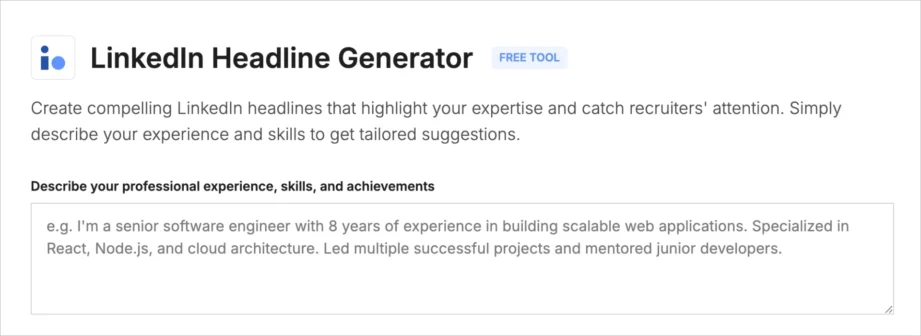 Puste pole opisu doświadczenia w darmowym generatorze nagł&oacute;wk&oacute;w LinkedIn