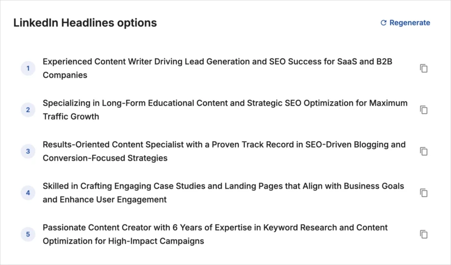 Wygenerowana przez sztuczną inteligencję lista sugestii nagł&oacute;wk&oacute;w LinkedIn z wieloma wyświetlanymi opcjami