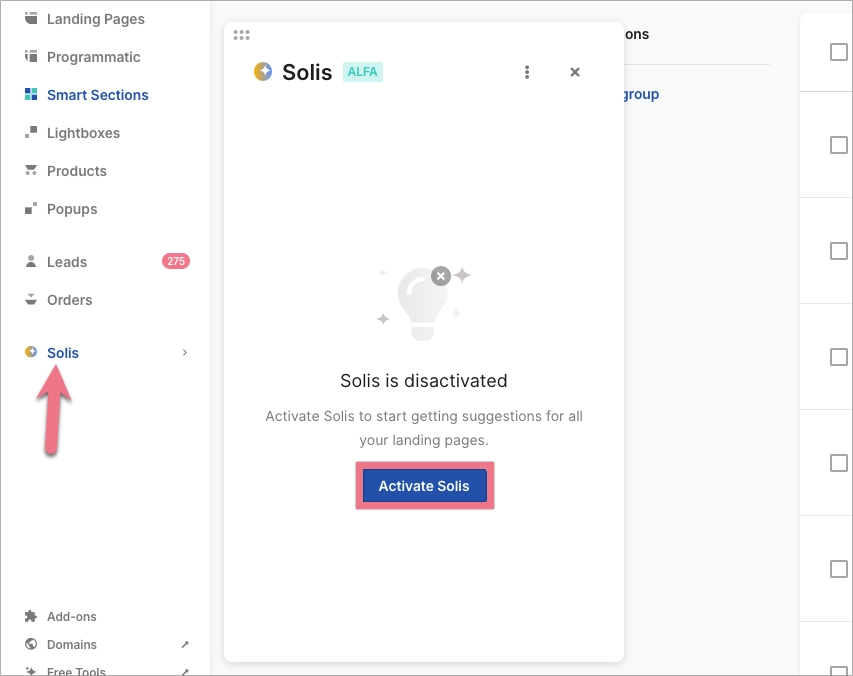 Solis panel in a disabled state with the “Activate Solis” button.