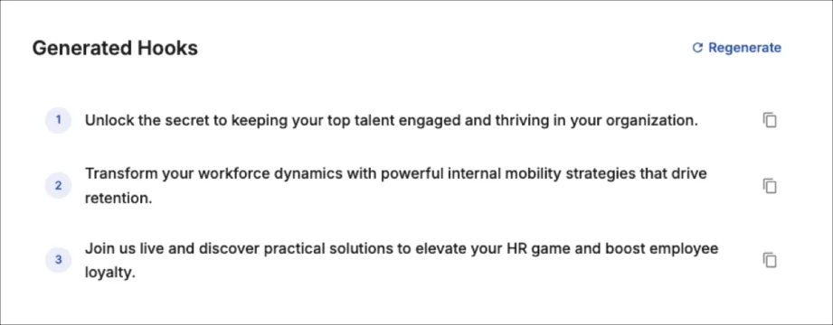 AI Hook Generator wyświetlający trzy wygenerowane pomysły na nagł&oacute;wek webinaru HR.