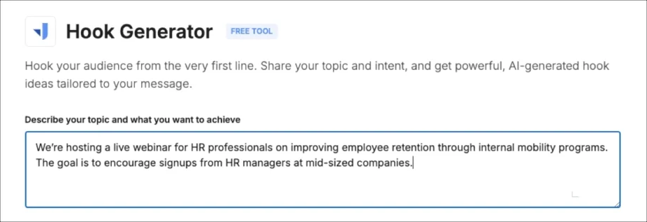 Pole wprowadzania tekstu, w kt&oacute;rym użytkownicy opisują sw&oacute;j temat i cel w bezpłatnym generatorze hook&oacute;w AI.