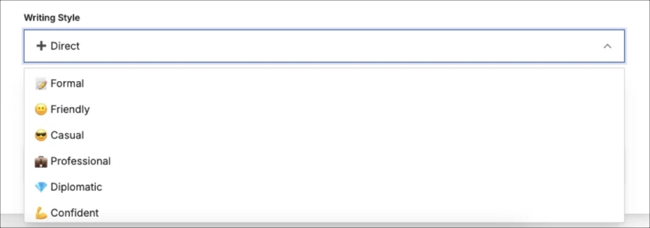 Opcje stylu pisania w Generatorze Hook&oacute;w, w tym formalny, przyjazny, swobodny i profesjonalny.