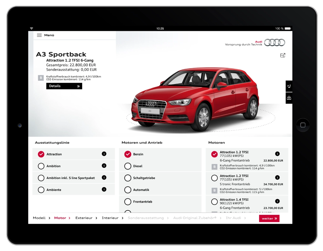 Audi A3 Sportback car configurator displayed on a tablet screen