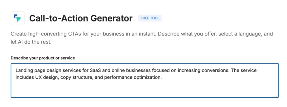 Darmowy interfejs generatora CTA z polem opisu produktu dla usług landing page