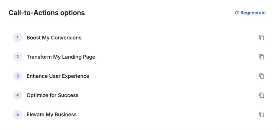 Wygenerowana przez sztuczną inteligencję lista sugestii wezwań do działania dla landing pages