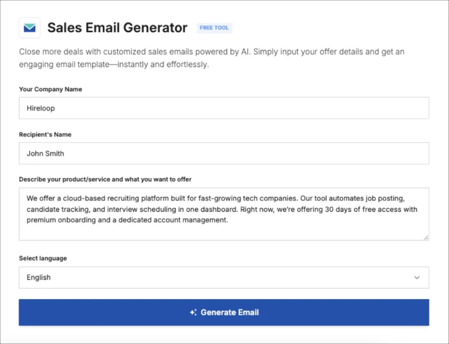 Darmowy interfejs generatora e-maili sprzedażowych AI z polami wejściowymi