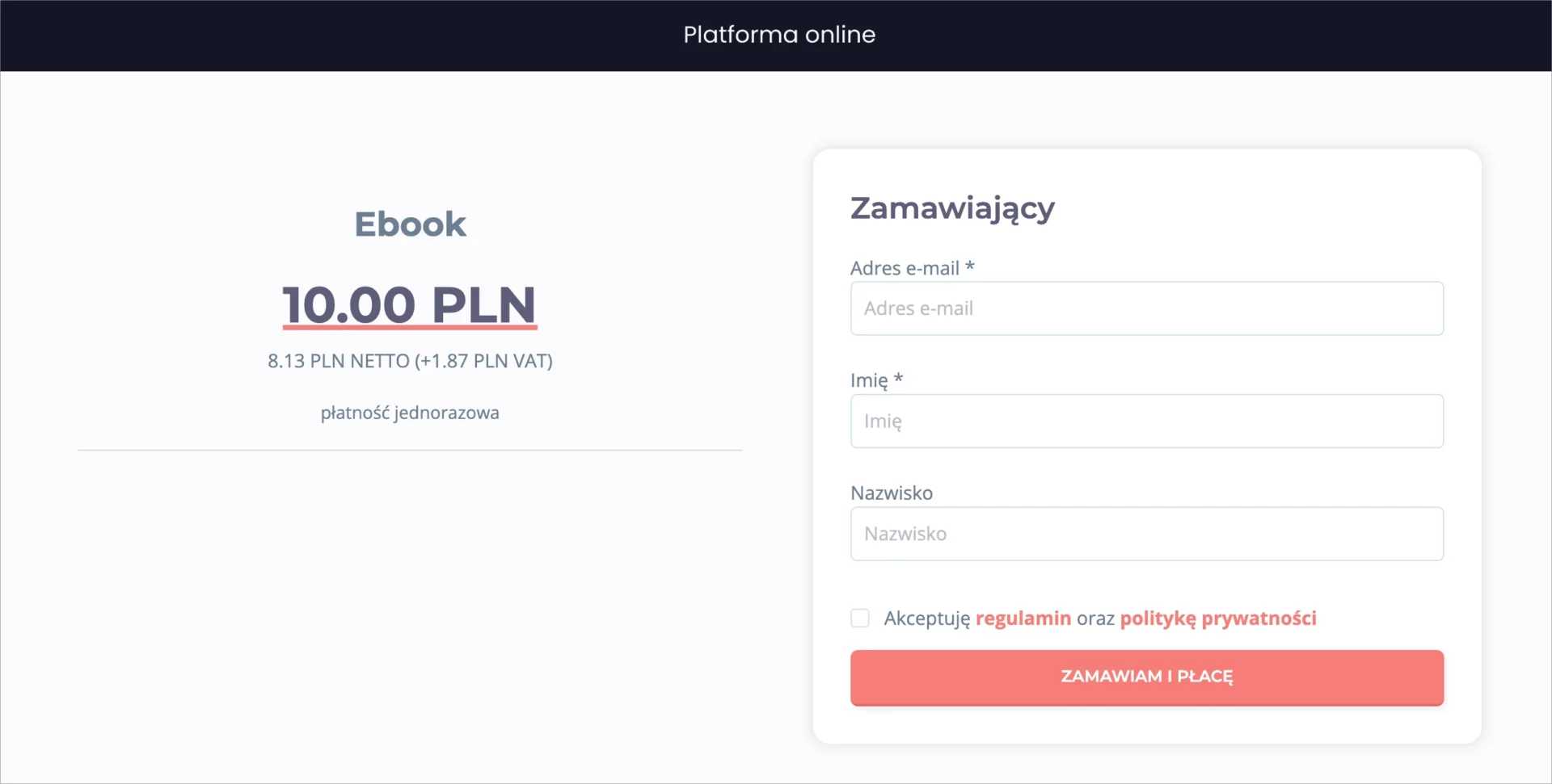 Widok koszyka Publigo z dodanym ebookiem i formularzem zamówienia.
