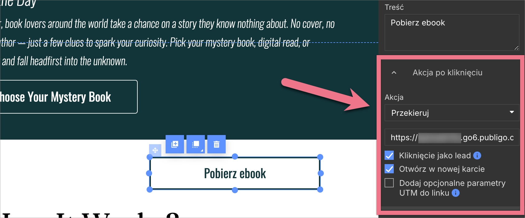 Ustawienia przycisku w edytorze Landingi z linkiem do koszyka Publigo.