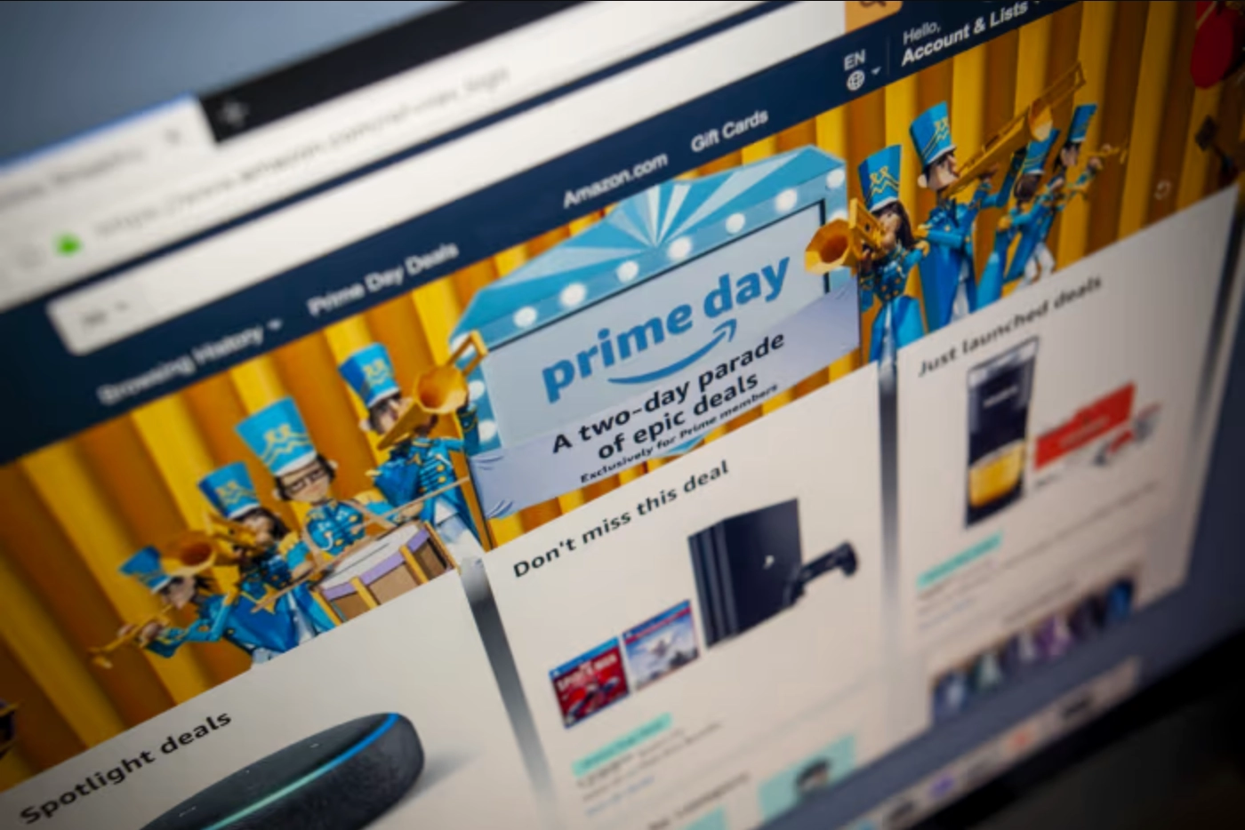Amazon Prime Day homepage with promotional banners and product deals