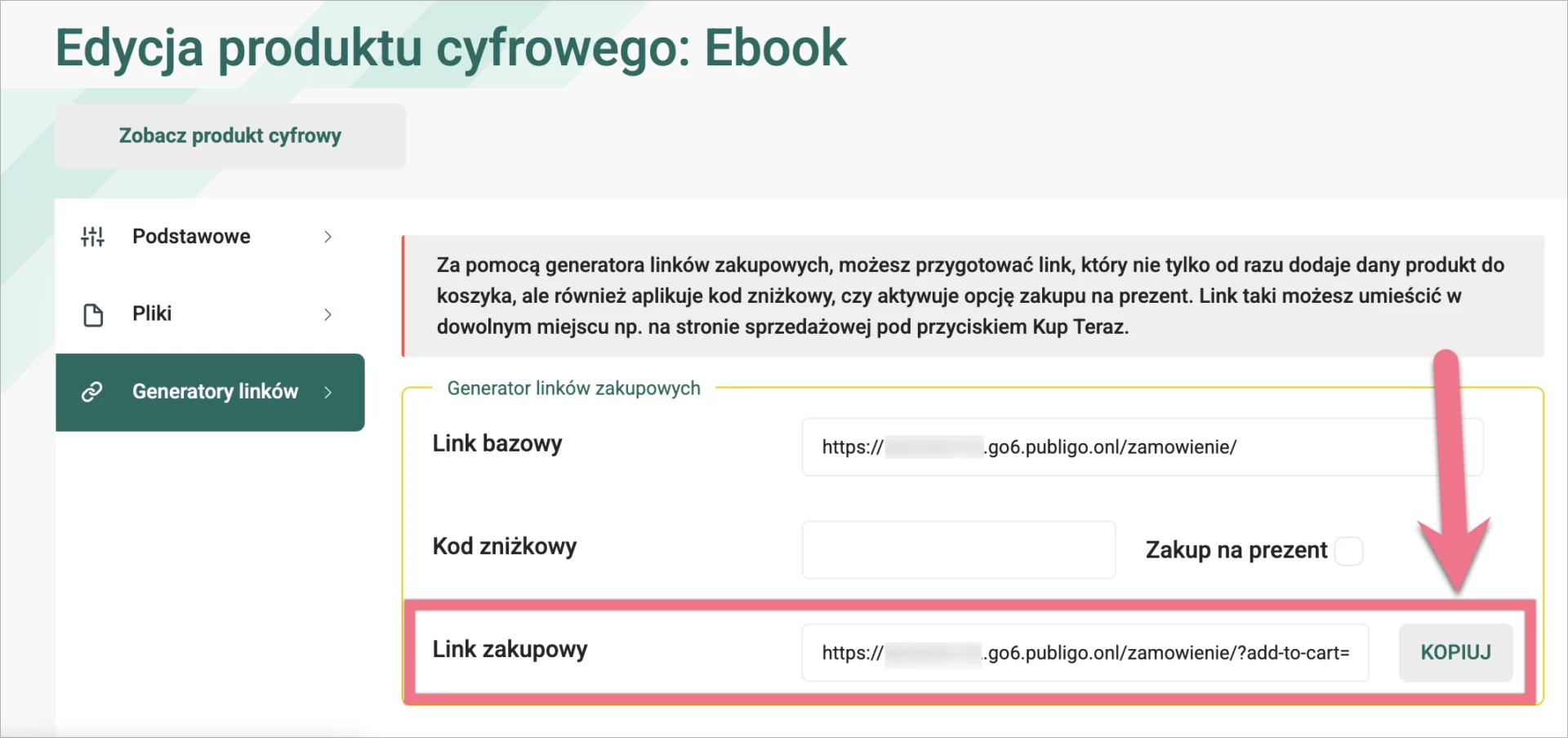 Panel Publigo z generatorem linku zakupowego do koszyka produktu.