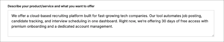 Pole opisu oferty w darmowym generatorze e-maili sprzedażowych AI