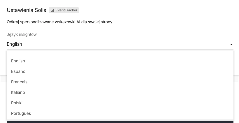 Ustawienia Solis dotyczące wyboru języka rekomendacji.