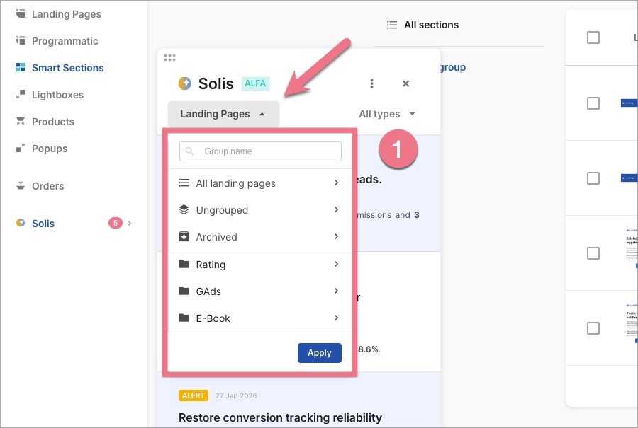 Solis panel for selecting all landing pages or a specific page group.