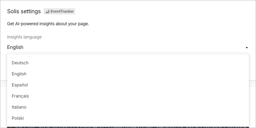 Solis settings panel for selecting the insights language.