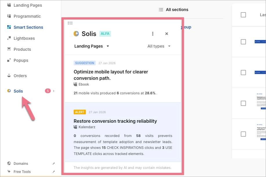 Solis panel with AI-generated insights for landing pages.