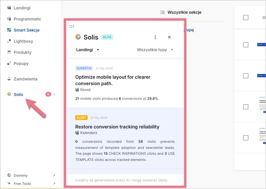 Panel Solis z rekomendacjami wygenerowanymi przez AI dla landing page'y.