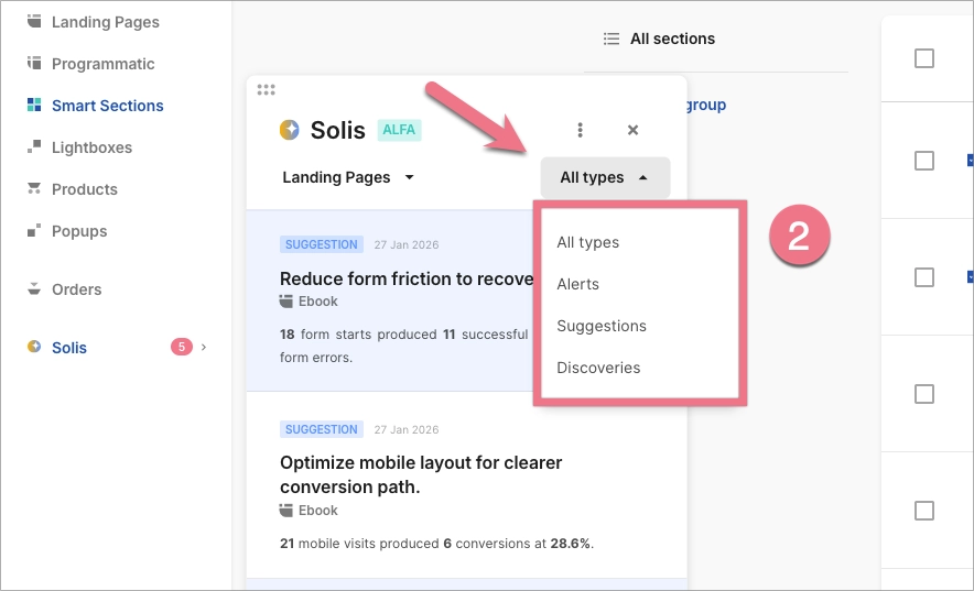 Solis panel with filters for Alerts, Suggestions, and Discoveries.
