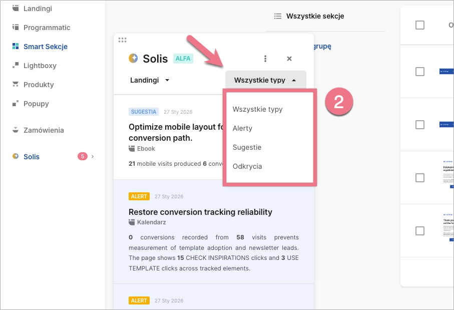 Panel Solis z filtrami dla alertów, sugestii i odkryć.