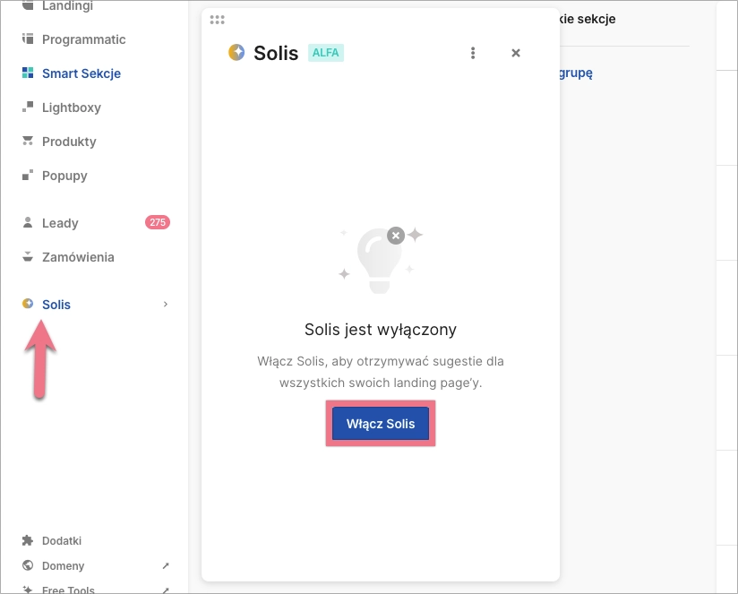 Nieaktywny panel Solis z przyciskiem „Włącz Solis”.