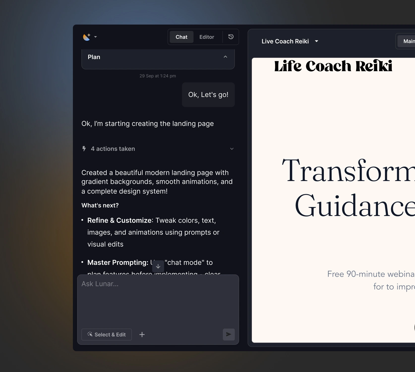 AI assistant interface creating a landing page with live preview and editing panel