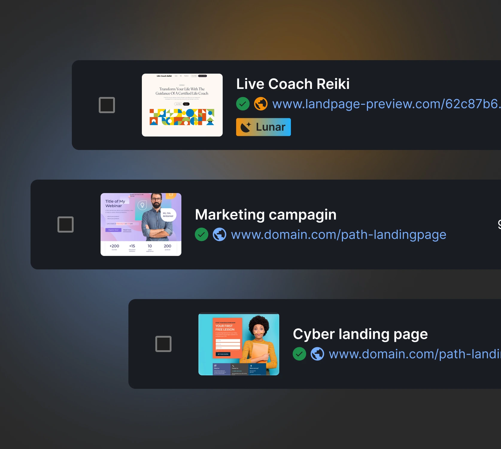 Dashboard view showing multiple generated landing pages with preview thumbnails and URLs