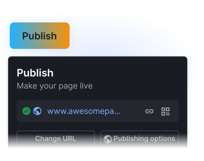 Publish panel with URL settings and options to make the landing page live