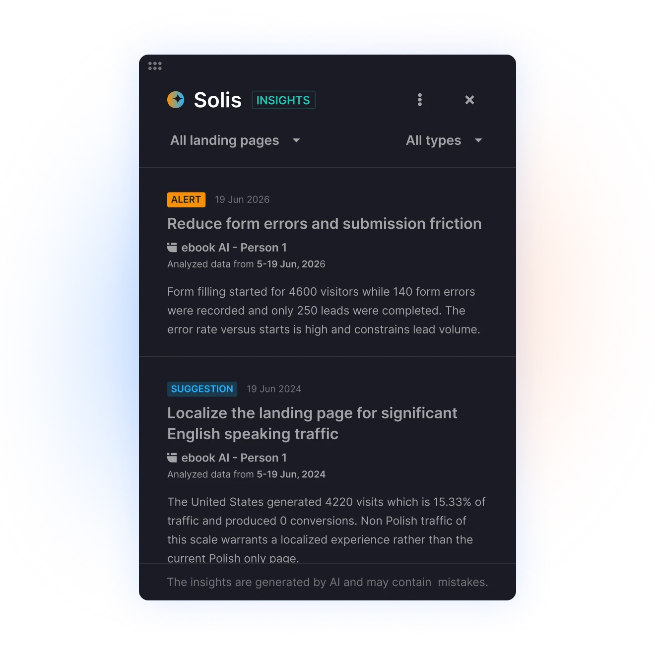 Solis' analytics dashboard with AI insights highlighting form errors and localization opportunities